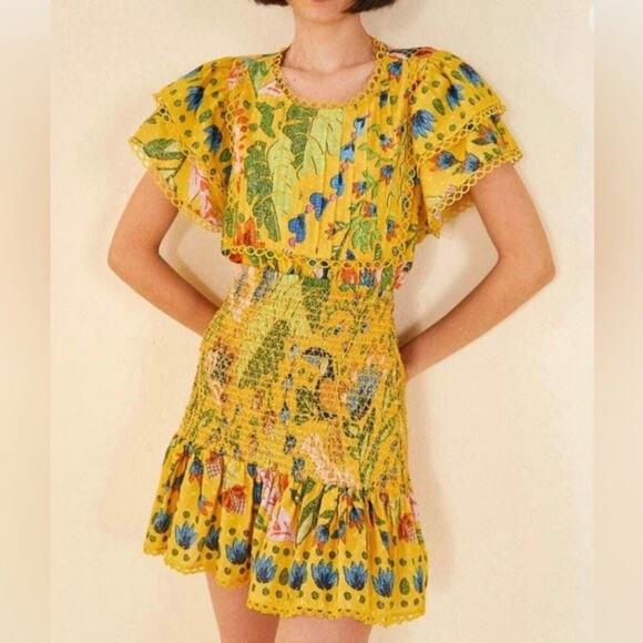 FARM Rio Dresses & Skirts - Farm Rio Summer Garden Smocked Mini Skirt Multicolor Size Large Ruffle Boho